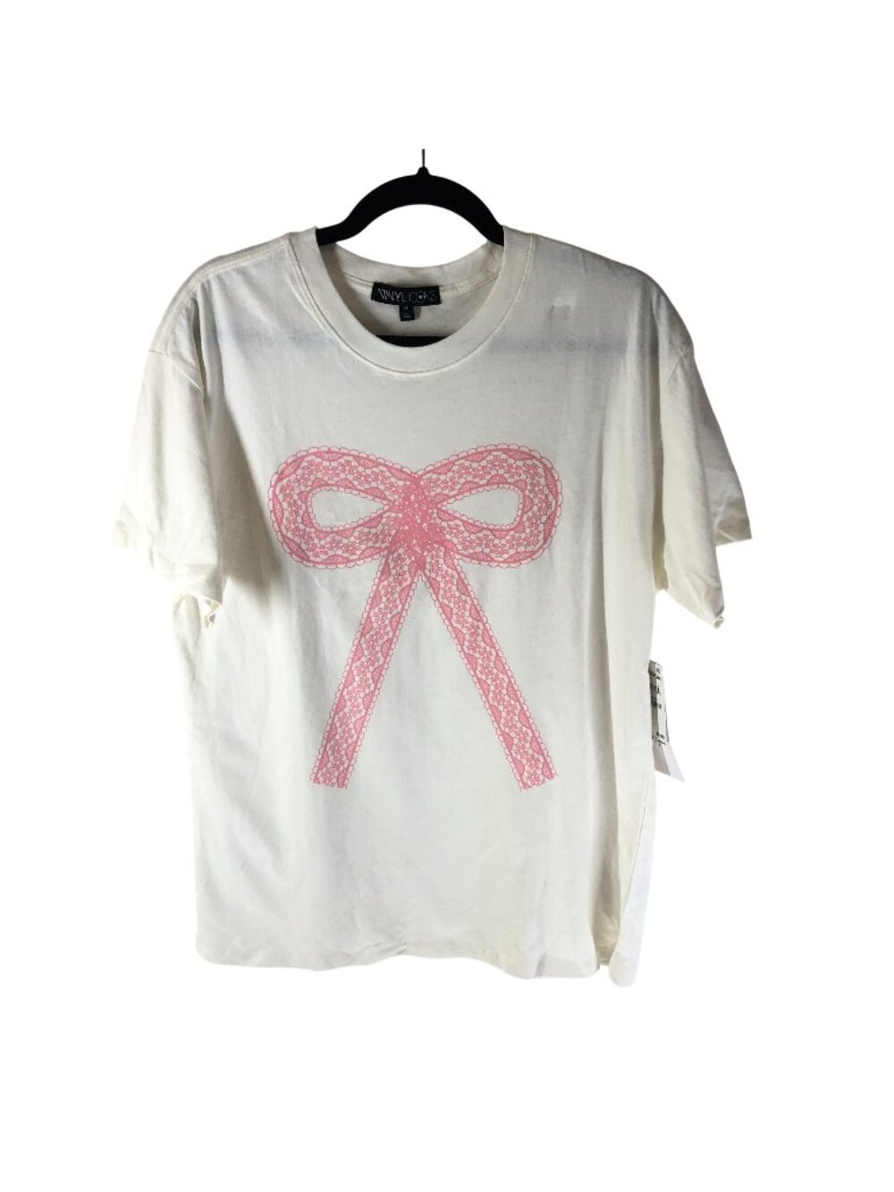The Vinyl Icons Womens Graphic Boyfriend T Shirt Bow White Pink M